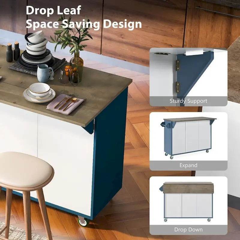 47 in. Wood Kitchen Island with Drop Leaf and Internal Storage Rack
