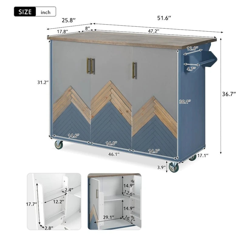 47 in. Wood Kitchen Island with Drop Leaf and Internal Storage Rack