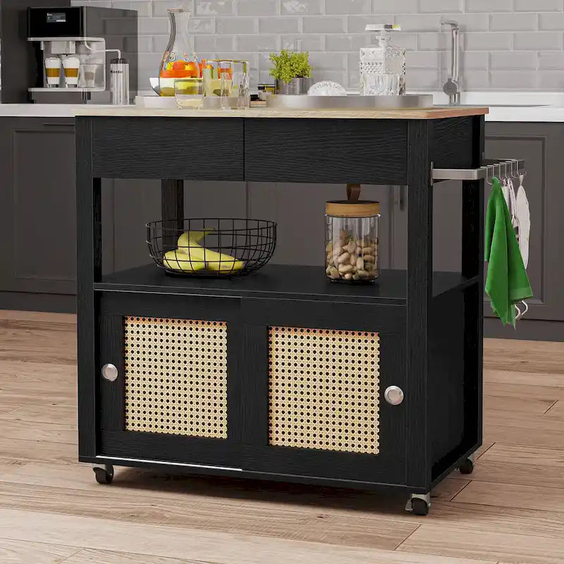 Îlot de cuisine roulant en rotin avec armoire de rangement - 32,2 po L x 19,5 po l x 35 po H