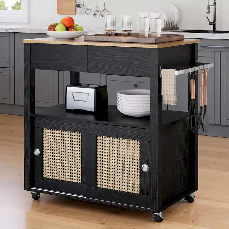 Îlot de cuisine roulant en rotin avec armoire de rangement - 32,2 po L x 19,5 po l x 35 po H