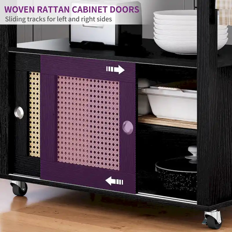 Îlot de cuisine roulant en rotin avec placard de rangement - 32.2 in. L x 19.5 in. W x 35 in. H