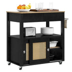 Îlot de cuisine roulant en rotin avec placard de rangement - 32.2 in. L x 19.5 in. W x 35 in. H