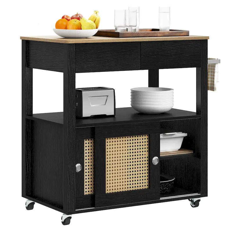 Îlot de cuisine roulant en rotin avec placard de rangement - 32.2 in. L x 19.5 in. W x 35 in. H