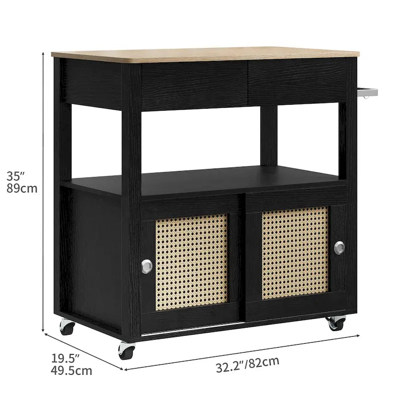 Îlot de cuisine roulant en rotin avec placard de rangement - 32.2 in. L x 19.5 in. W x 35 in. H