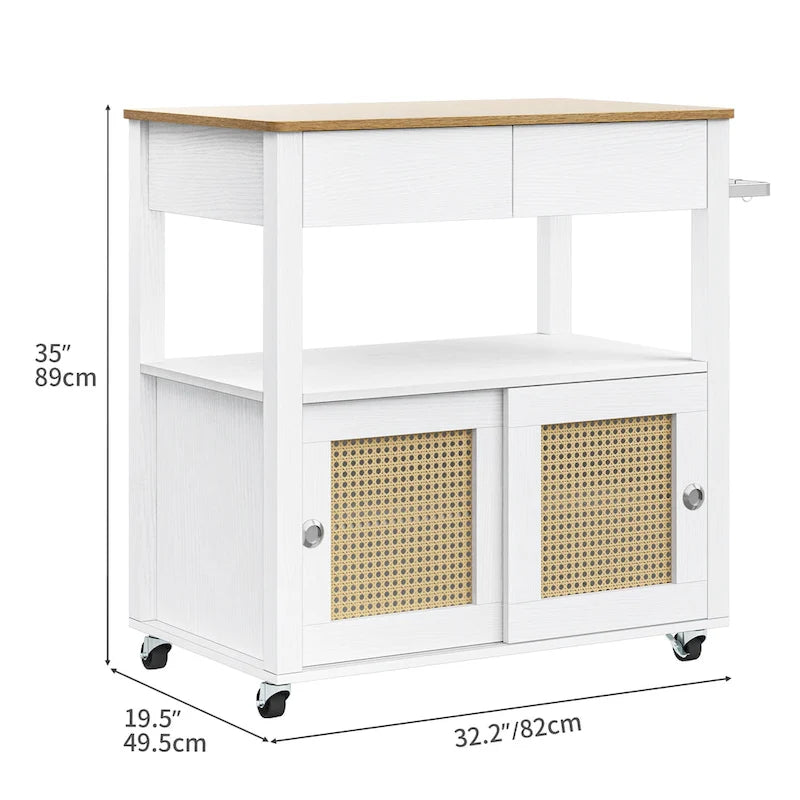 Îlot de cuisine roulant en rotin avec placard de rangement - 32.2 in. L x 19.5 in. W x 35 in. H