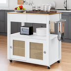 Îlot de cuisine roulant en rotin avec placard de rangement - 32.2 in. L x 19.5 in. W x 35 in. H