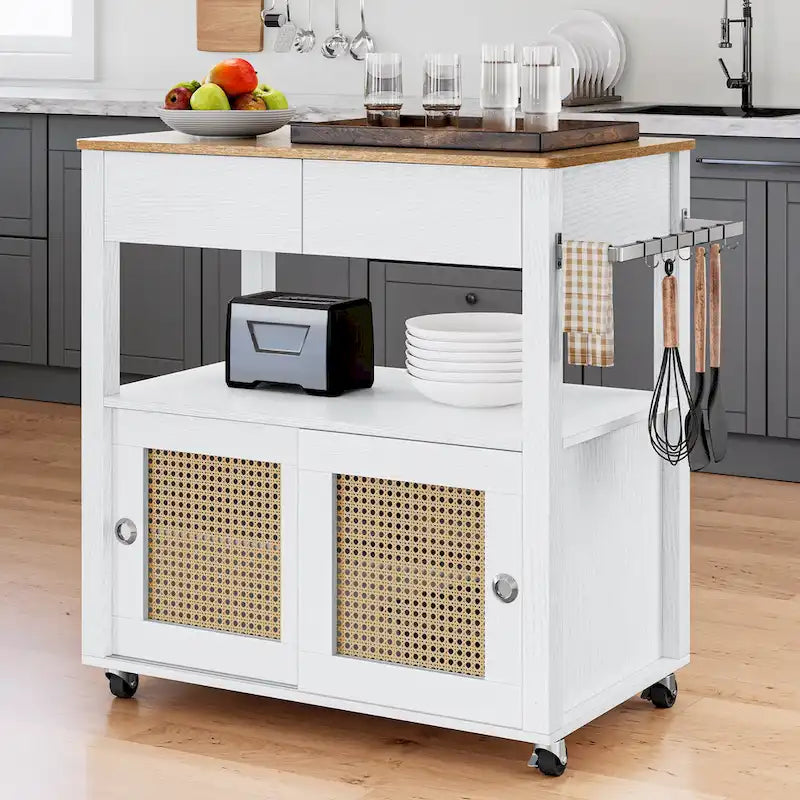 Îlot de cuisine roulant en rotin avec placard de rangement - 32.2 in. L x 19.5 in. W x 35 in. H