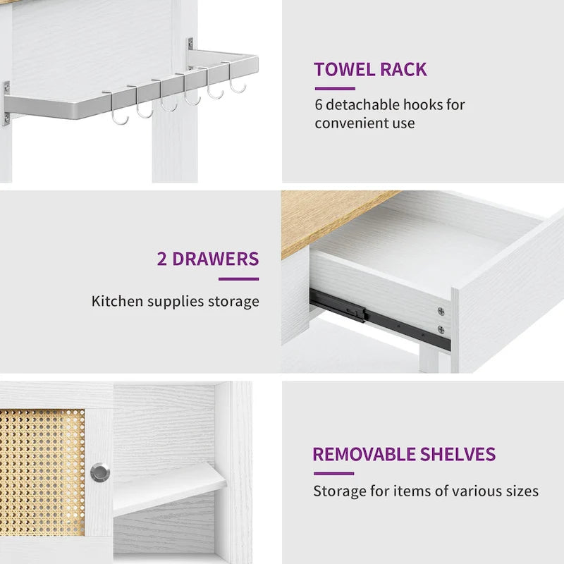 Îlot de cuisine roulant en rotin avec placard de rangement - 32.2 in. L x 19.5 in. W x 35 in. H