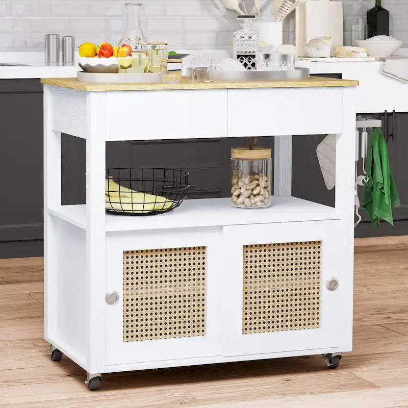 Îlot de cuisine roulant en rotin avec placard de rangement - 32.2 in. L x 19.5 in. W x 35 in. H