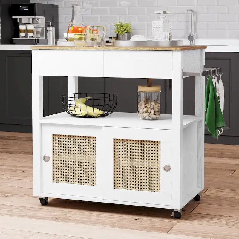 Îlot de cuisine roulant en rotin avec placard de rangement - 32.2 in. L x 19.5 in. W x 35 in. H