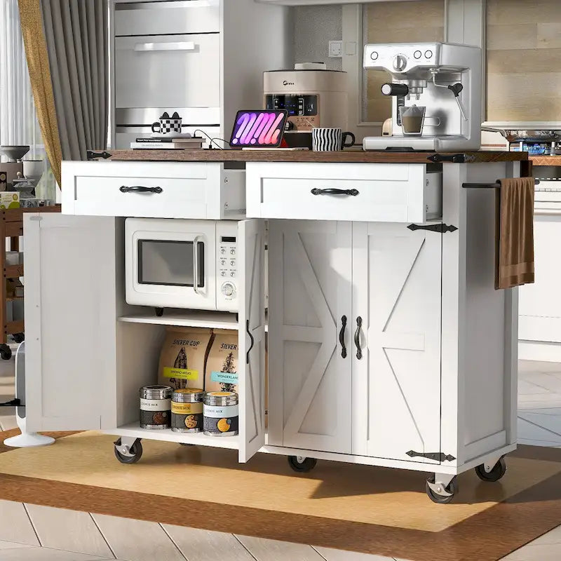 53.5 in. Farmhouse Kitchen Island with Power Outlet, Drop Leaf and Rolling Wheels