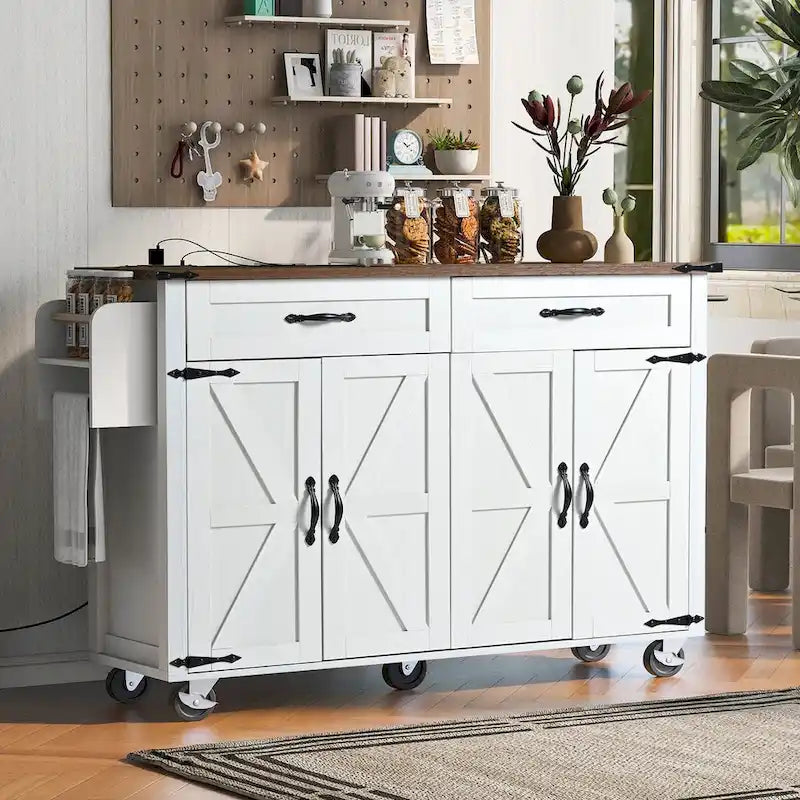 53.5 in. Farmhouse Kitchen Island with Power Outlet, Drop Leaf and Rolling Wheels
