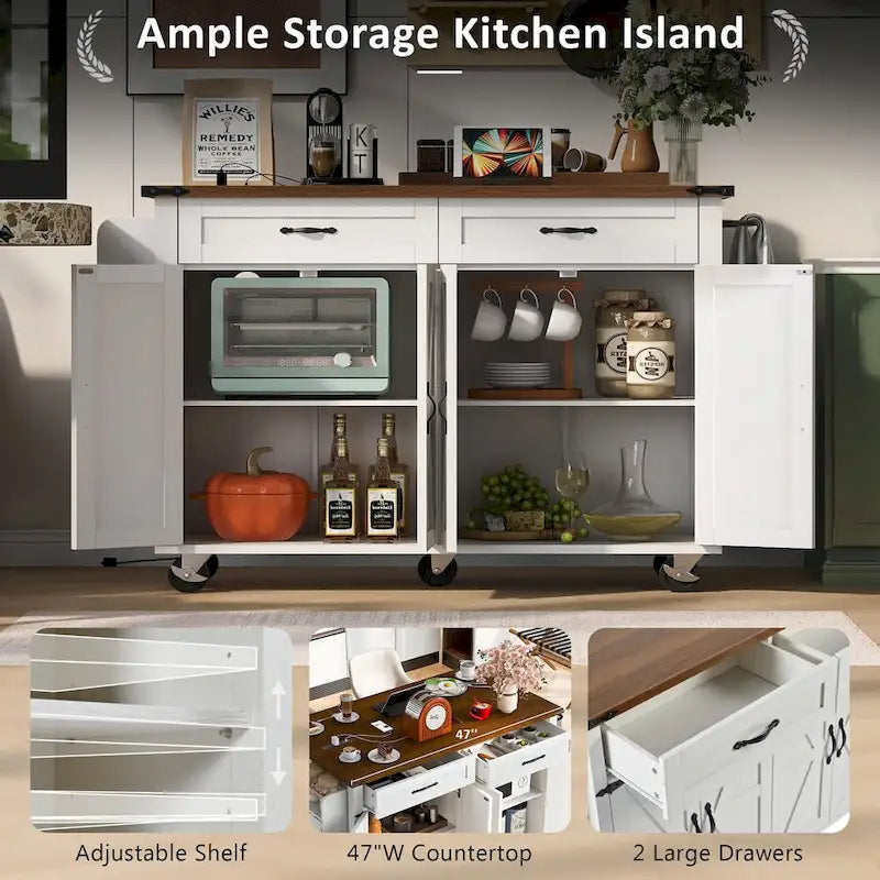 53.5 in. Farmhouse Kitchen Island with Power Outlet, Drop Leaf and Rolling Wheels