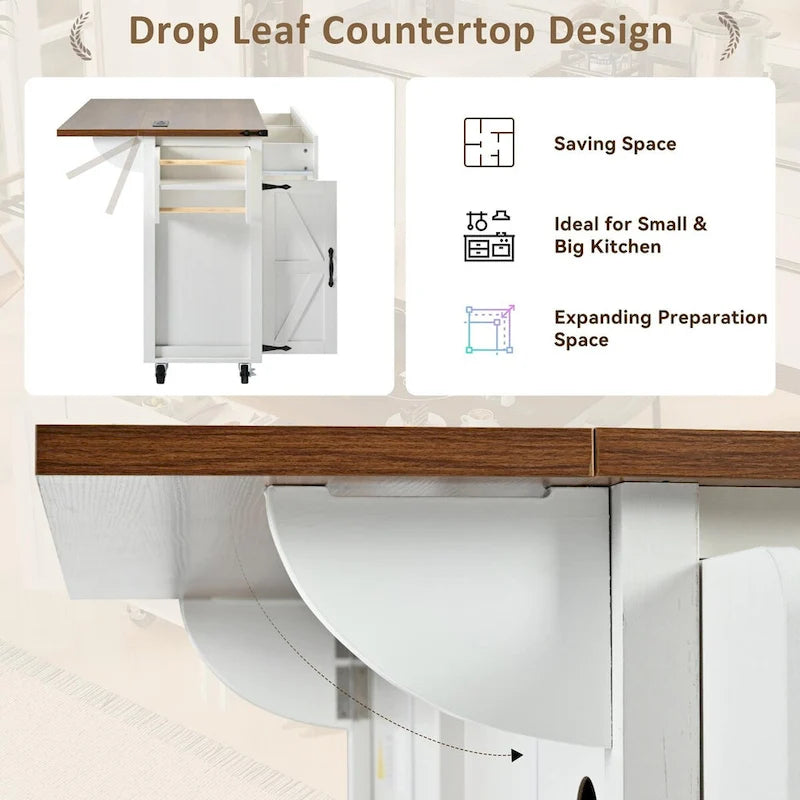 53.5 in. Farmhouse Kitchen Island with Power Outlet, Drop Leaf and Rolling Wheels