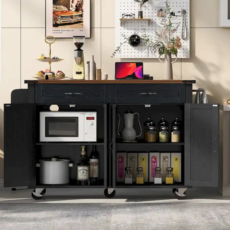 53.5 in. Farmhouse Kitchen Island with Power Outlet, Drop Leaf and Rolling Wheels
