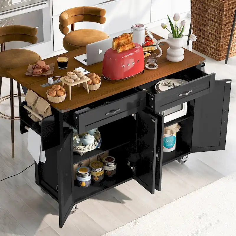 53.5 in. Farmhouse Kitchen Island with Power Outlet, Drop Leaf and Rolling Wheels