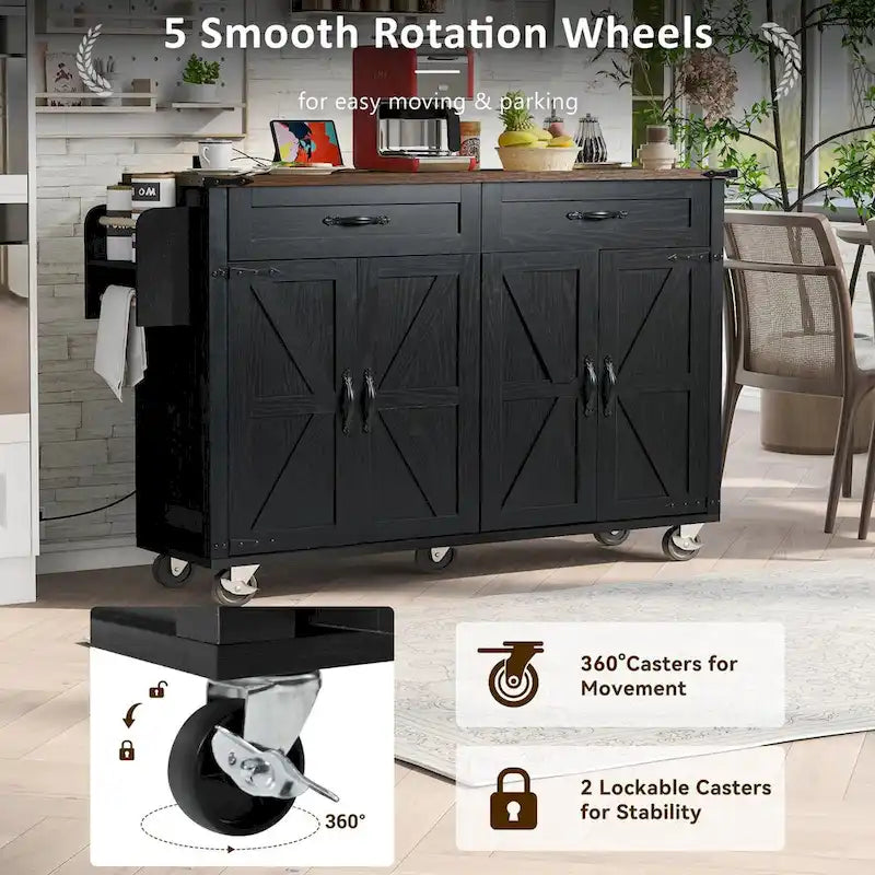 53.5 in. Farmhouse Kitchen Island with Power Outlet, Drop Leaf and Rolling Wheels