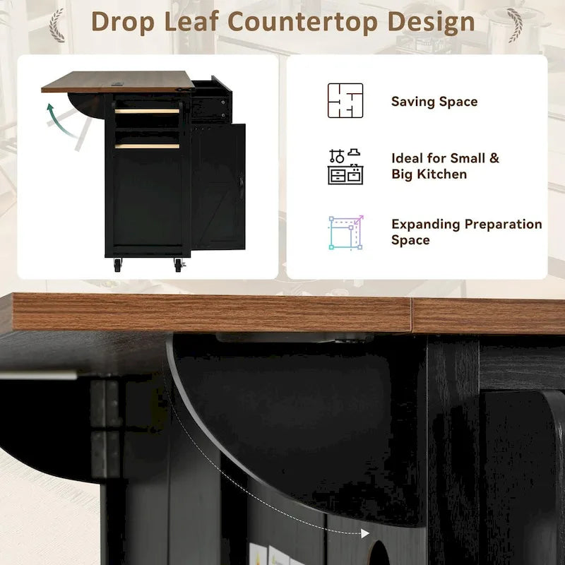 53.5 in. Farmhouse Kitchen Island with Power Outlet, Drop Leaf and Rolling Wheels