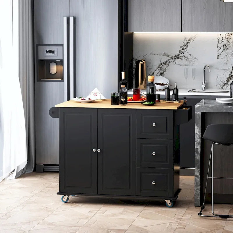 Mobile Kitchen Island with Drop Leaf, Wheels, Storage and Towel Rack