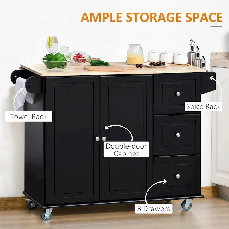 Mobile Kitchen Island with Drop Leaf, Wheels, Storage and Towel Rack