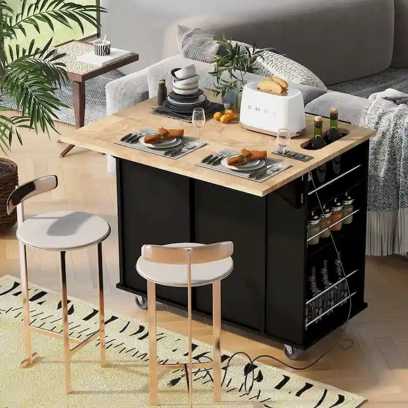 Multifunktionaler Küchenwagen mit Steckdose, offenem Stauraum und Weinregal - 40 x 34 Zoll