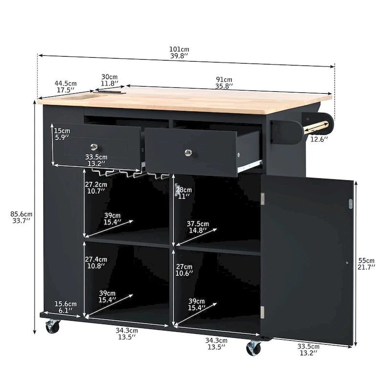 Multifunktionaler Küchenwagen mit Steckdose, offenem Stauraum und Weinregal - 40 x 34 Zoll