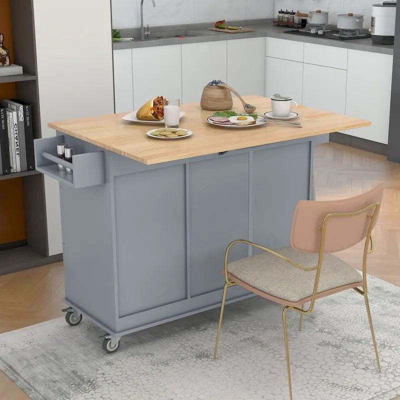 52.7 in. Rolling Mobile Kitchen Island with Solid Wood Top