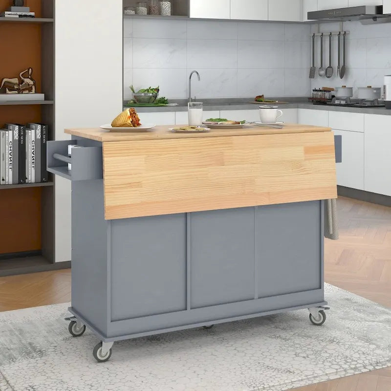 52.7 in. Rolling Mobile Kitchen Island with Solid Wood Top