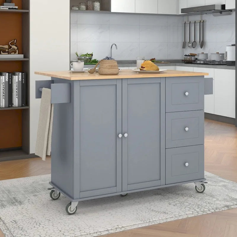 52.7 in. Rolling Mobile Kitchen Island with Solid Wood Top