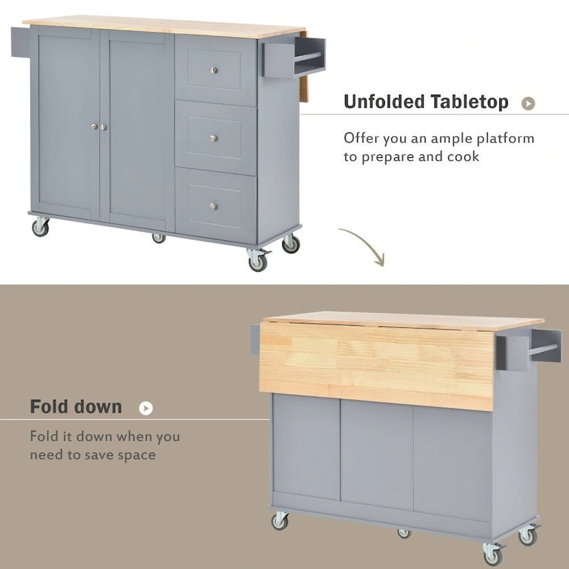 52.7 in. Rolling Mobile Kitchen Island with Solid Wood Top