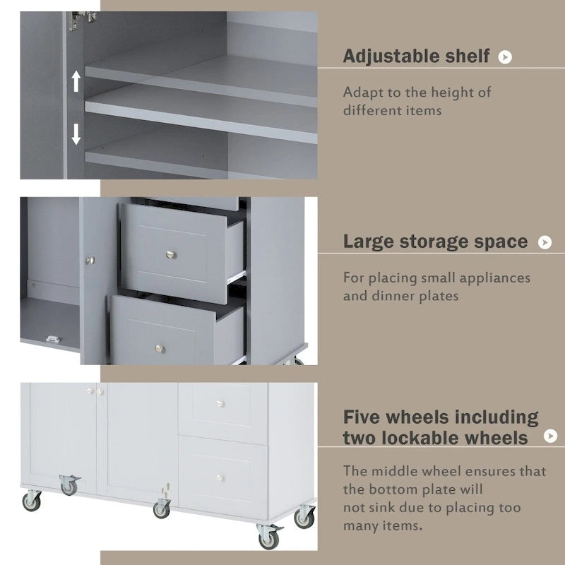 52.7 in. Rolling Mobile Kitchen Island with Solid Wood Top