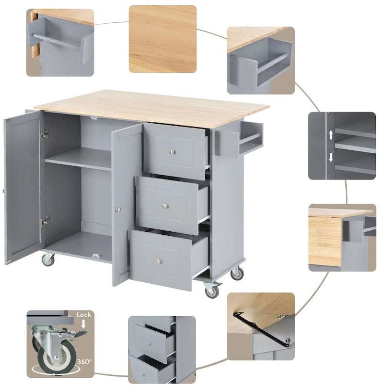 52.7 in. Rolling Mobile Kitchen Island with Solid Wood Top