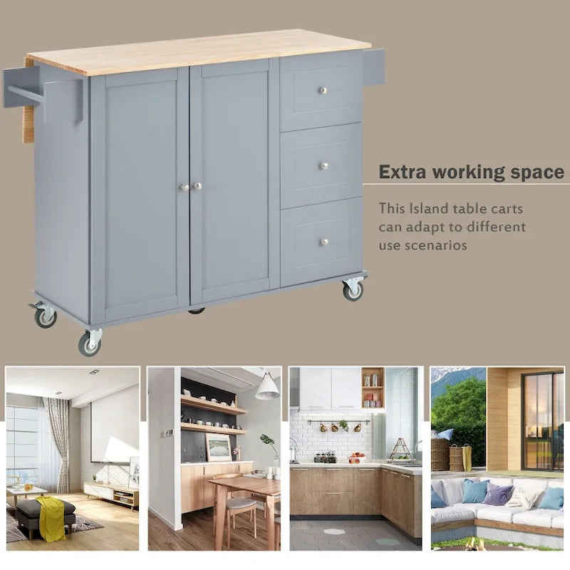 52.7 in. Rolling Mobile Kitchen Island with Solid Wood Top