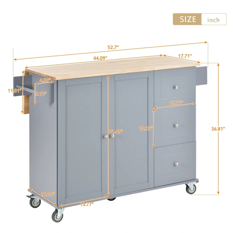 52.7 in. Rolling Mobile Kitchen Island with Solid Wood Top