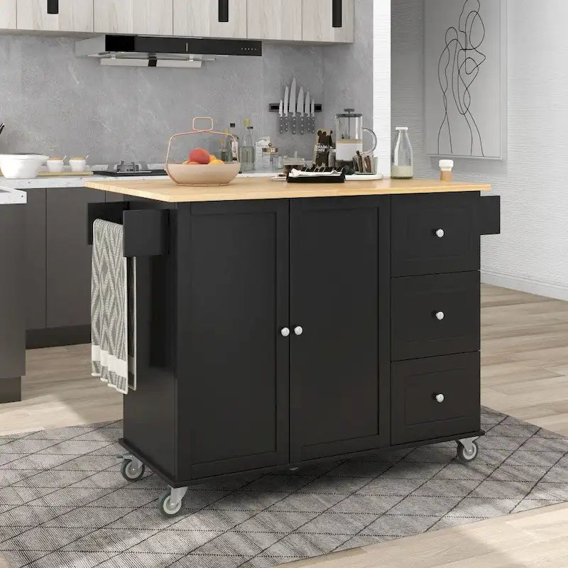52.7 in. Rolling Mobile Kitchen Island with Solid Wood Top