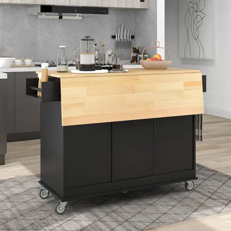 52.7 in. Rolling Mobile Kitchen Island with Solid Wood Top