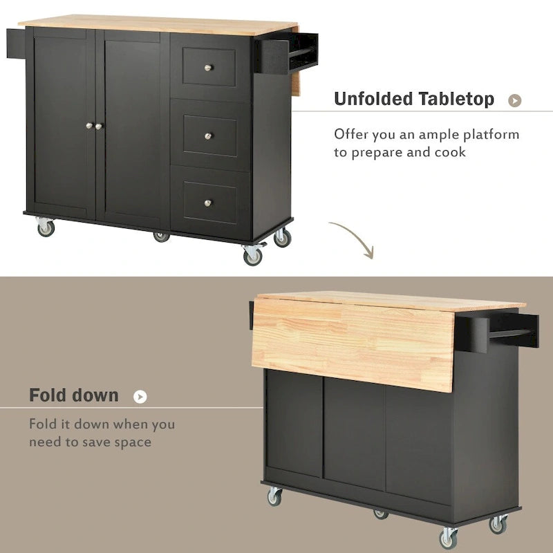 52.7 in. Rolling Mobile Kitchen Island with Solid Wood Top