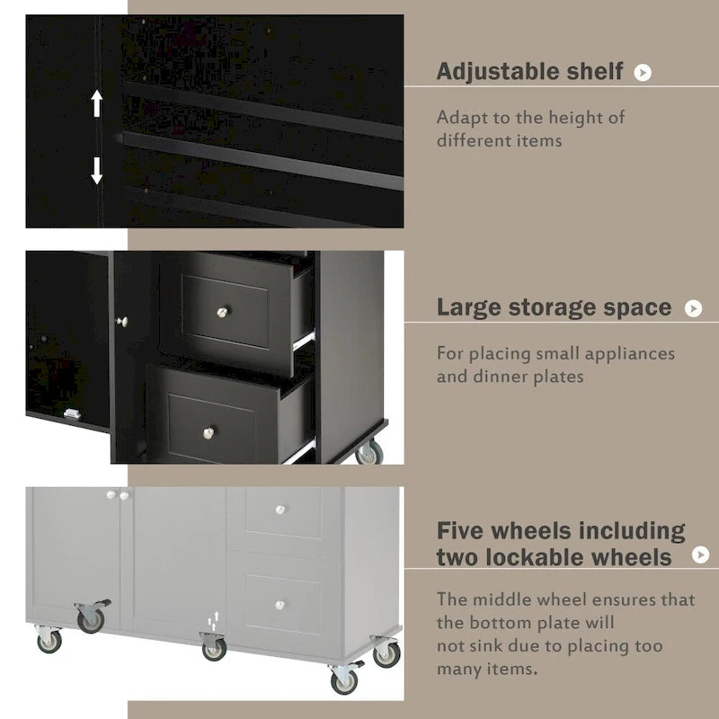 52.7 in. Rolling Mobile Kitchen Island with Solid Wood Top