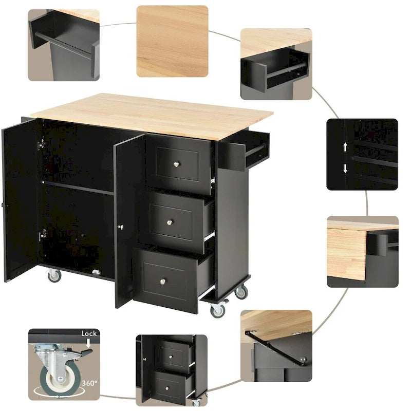 52.7 in. Rolling Mobile Kitchen Island with Solid Wood Top