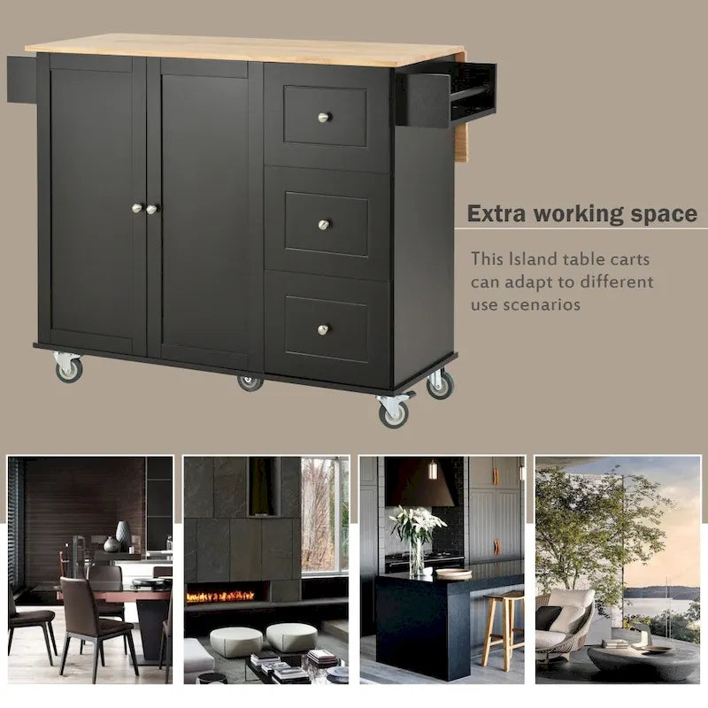 52.7 in. Rolling Mobile Kitchen Island with Solid Wood Top