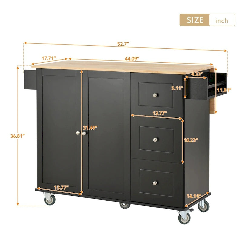 52.7 in. Rolling Mobile Kitchen Island with Solid Wood Top