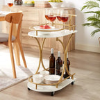 2-Tier Modern Bar Cart on Wheels with Wine Rack in White and Gold