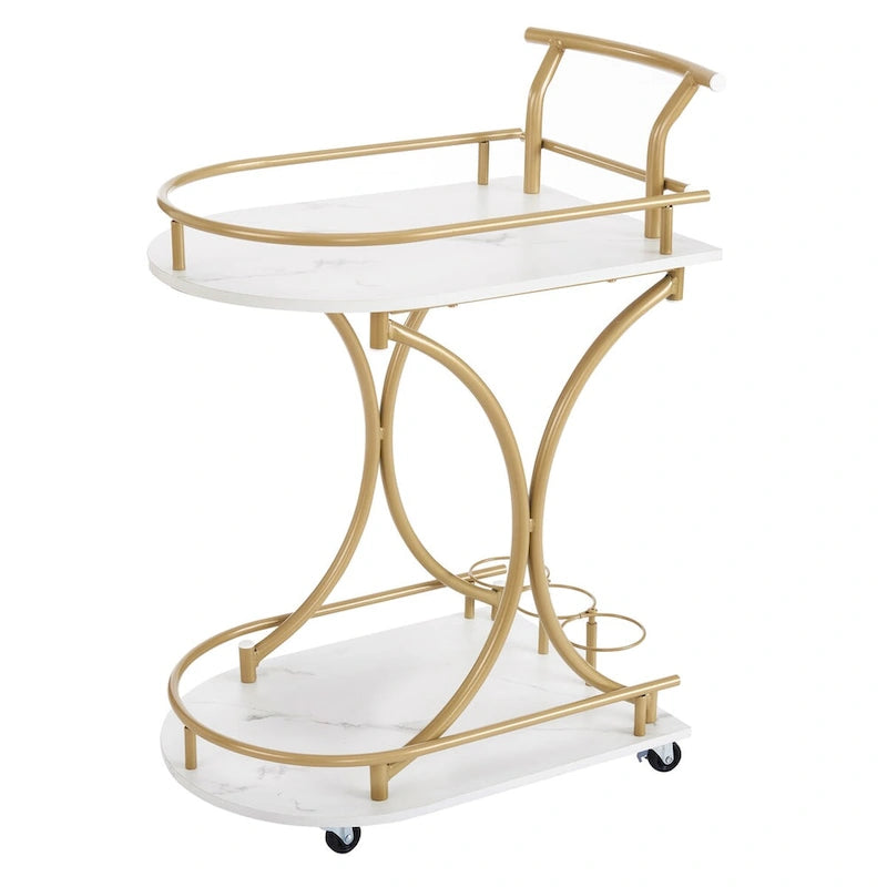 2-Tier Modern Bar Cart on Wheels with Wine Rack in White and Gold