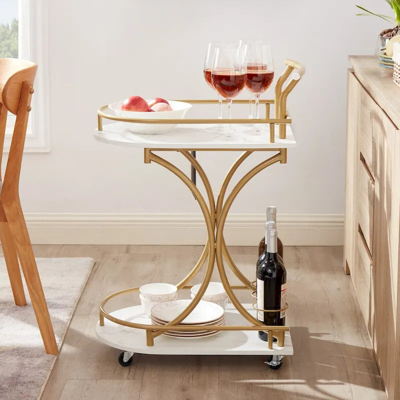 2-Tier Modern Bar Cart on Wheels with Wine Rack in White and Gold
