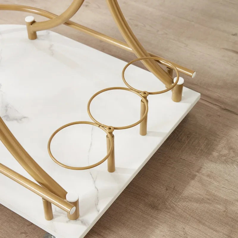 2-Tier Modern Bar Cart on Wheels with Wine Rack in White and Gold