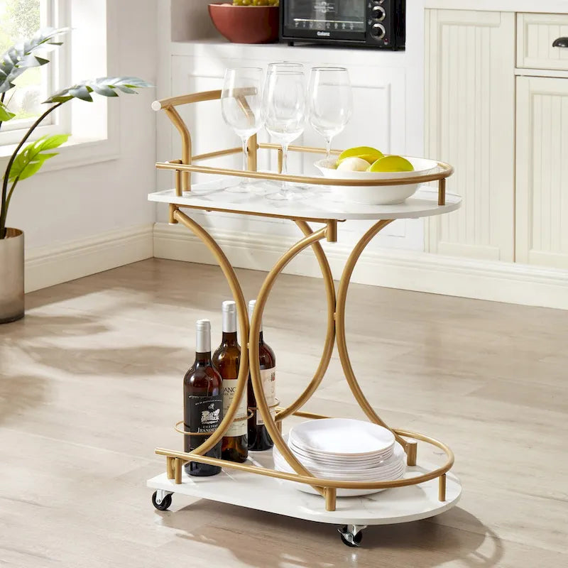 2-Tier Modern Bar Cart on Wheels with Wine Rack in White and Gold