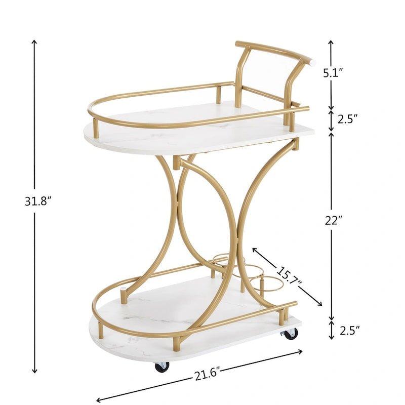 2-Tier Modern Bar Cart on Wheels with Wine Rack in White and Gold