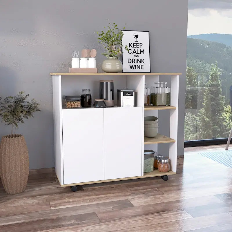 Kitchen Cart with Four Casters, Four Open Shelves and Double Door Cabinet in Light Oak and White