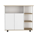 Kitchen Cart with Four Casters, Four Open Shelves and Double Door Cabinet in Light Oak and White