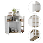 Kitchen Cart with Four Casters, Four Open Shelves and Double Door Cabinet in Light Oak and White
